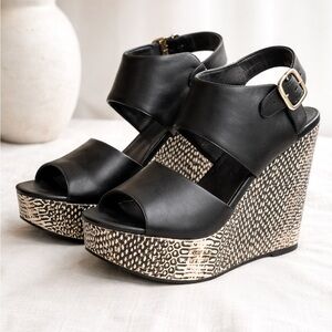 Black Leather Platform Wedge Sandals / Snakeskin Heel statement